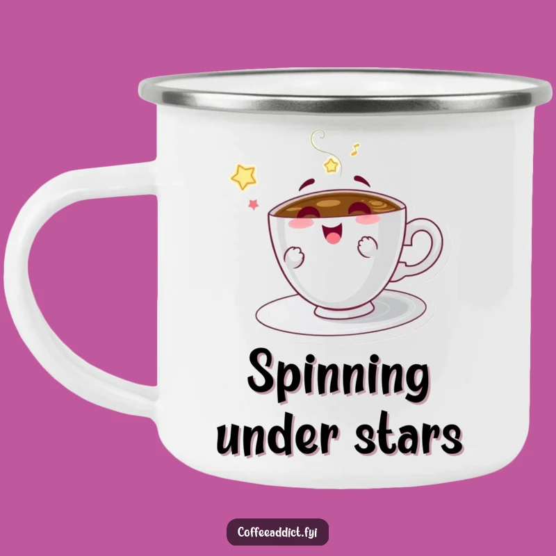 Funny Coffee Saucer Camping Mug - Spinning Adventure, Outdoor Coffee Fun