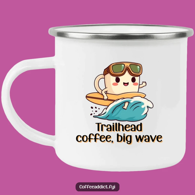 Funny Coffee Surfer Camping Mug: Goggled Character, Enamel Camp Cup