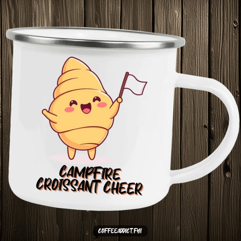 Funny camping mug featuring a cheering croissant enthusiastically waving a tiny flag, perfect for outdoor enjoyment.