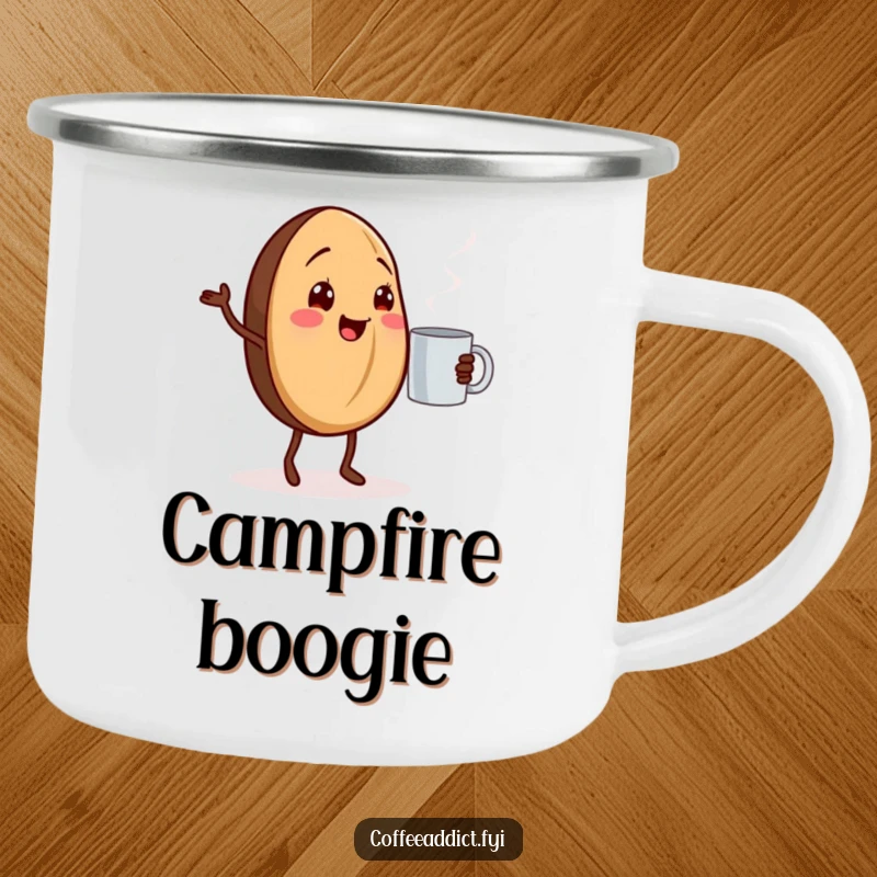 Funny dancing coffee bean camping mug with a cheerful coffee bean grooving next to a steaming mug.