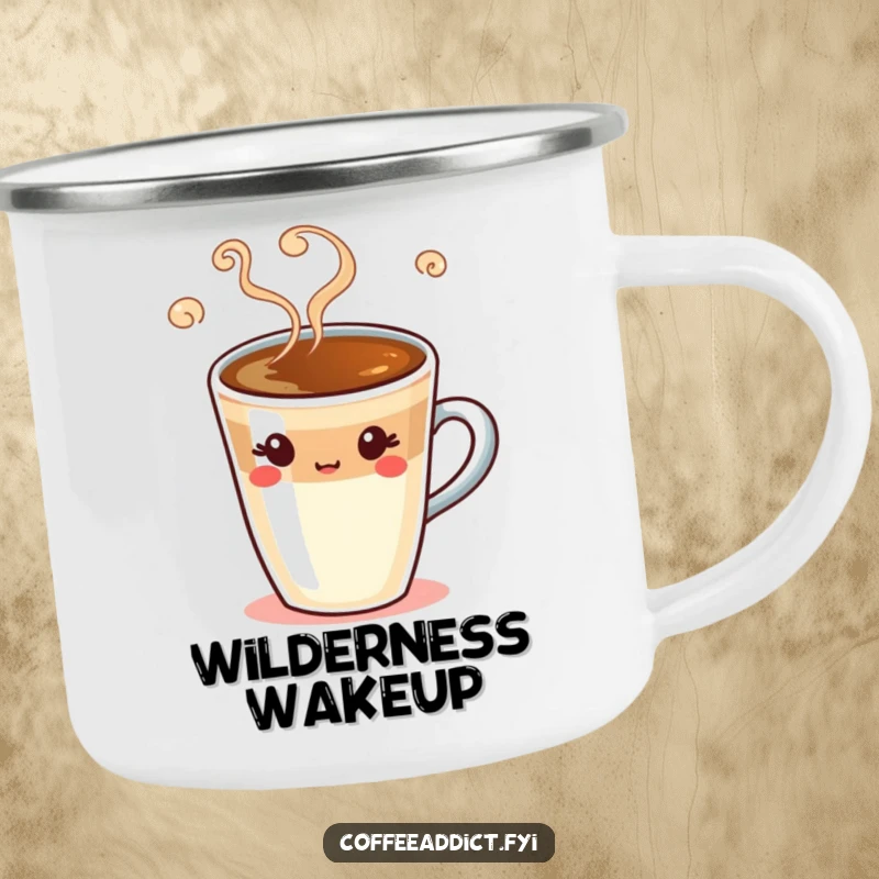 Funny espresso shot camping mug with a winking coffee character and swirling steam, ideal for humorous outdoor brews.