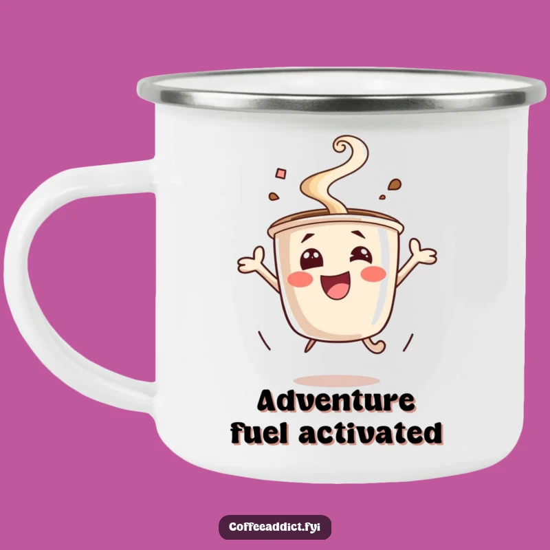 Funny Excited Coffee Cup Camping Mug: Adventure with Energy, a Cheerful Funny Gift