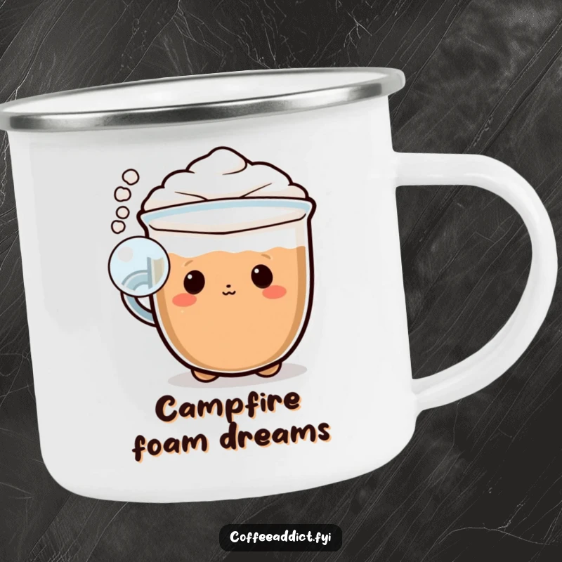 Funny Kawaii cappuccino camping mug with a character blowing a playful bubble of foam, designed for whimsical outdoor brews.