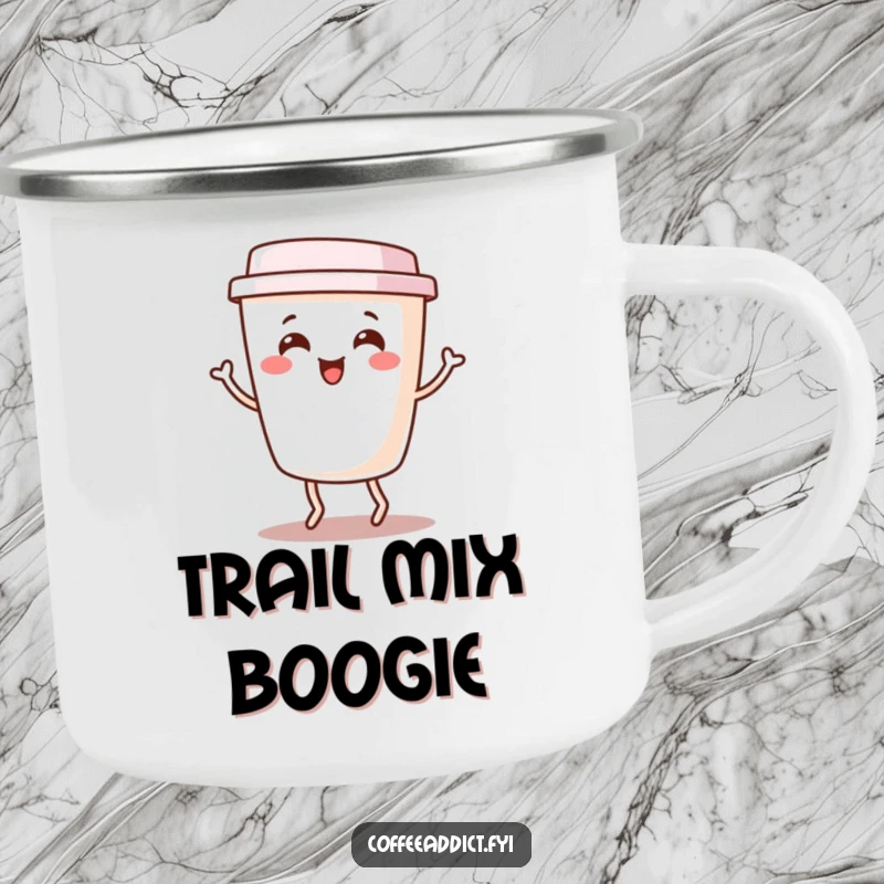 Funny Kawaii Coffee Cup Camping Mug with a cute character doing a happy jig, ideal for outdoor enjoyment and adding humor.