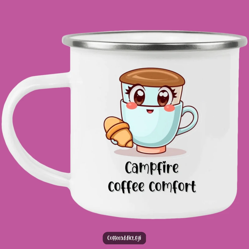 Funny Kawaii Coffee Cup Camping Mug: Happy Croissant Holder for Outdoorsy Coffee Humor