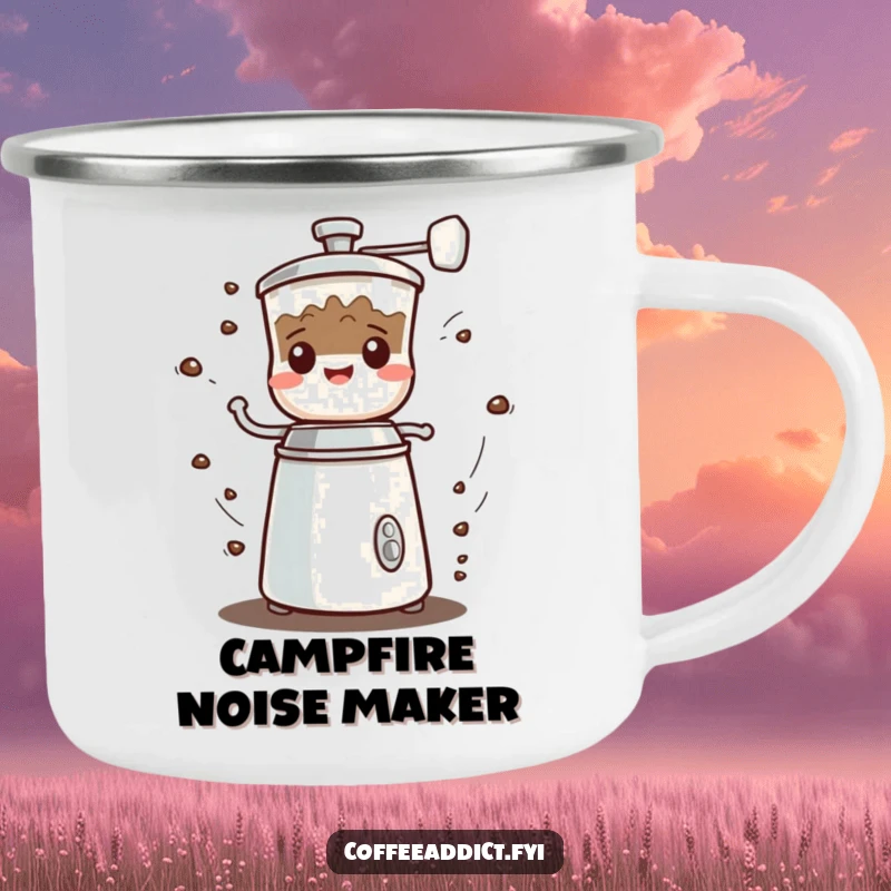 Funny Kawaii Coffee Grinder Camping Mug depicting a character spinning fast with a cheerful grumbled sound, for outdoor use.