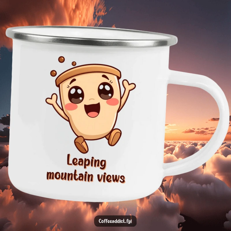 Funny camping mug featuring an adorable kawaii coffee character doing a joyful leap, perfect for outdoor fun.