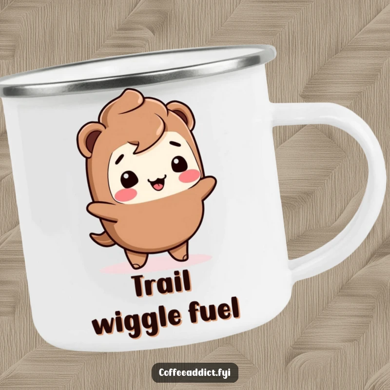 Funny Kawaii mocha camping mug featuring a giggling character performing a joyful wiggle, designed for outdoor adventures.