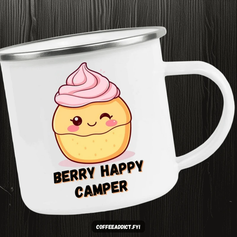 Funny Kawaii Pastry Camping Mug with a cute character featuring a delighted swirl of frosting, ideal for outdoor enjoyment and sweet humor.