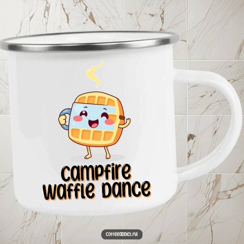 Funny camping mug featuring a happy waffle carefully tiptoeing with a steaming mug, perfect for outdoor mornings.