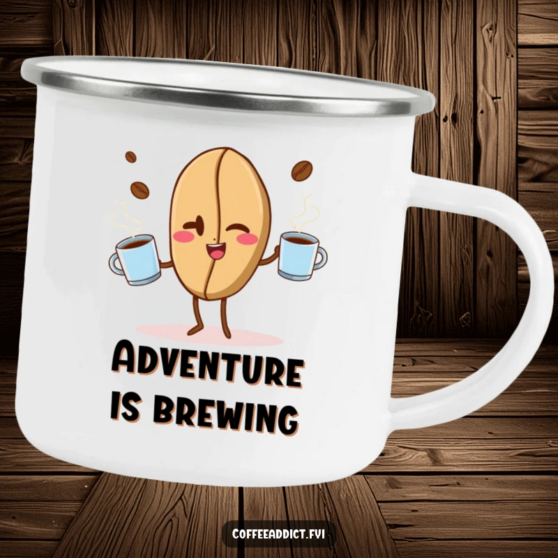 Funny enamel camping mug featuring a winking coffee bean juggling hot mugs, designed for outdoor adventures and humorous enjoyment.