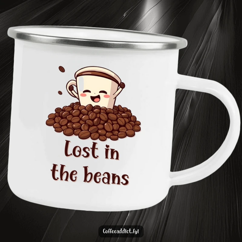 Funny Camping Mug: Coffee cup character dramatically faceplanting into a pile of coffee beans, ideal for coffee lovers on adventures.