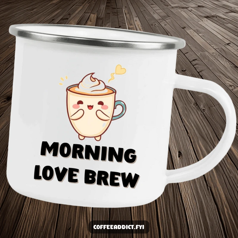 Funny camping mug featuring Kawaii latte art creating a heart shape with a flourish, perfect for outdoor coffee breaks.