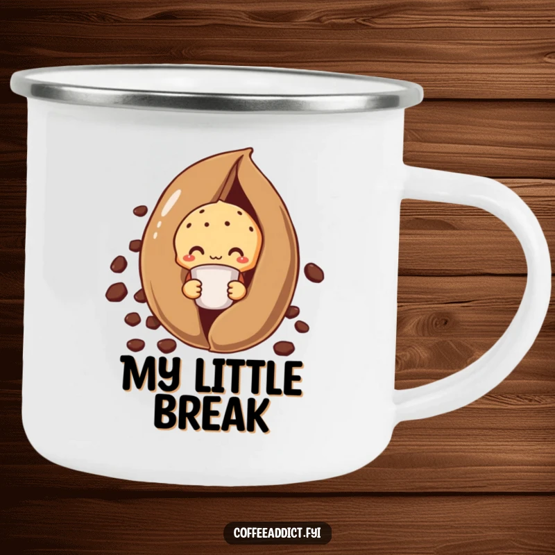 Funny shy muffin camping mug with a muffin peeking from behind a giant coffee bean, holding a tiny cup.