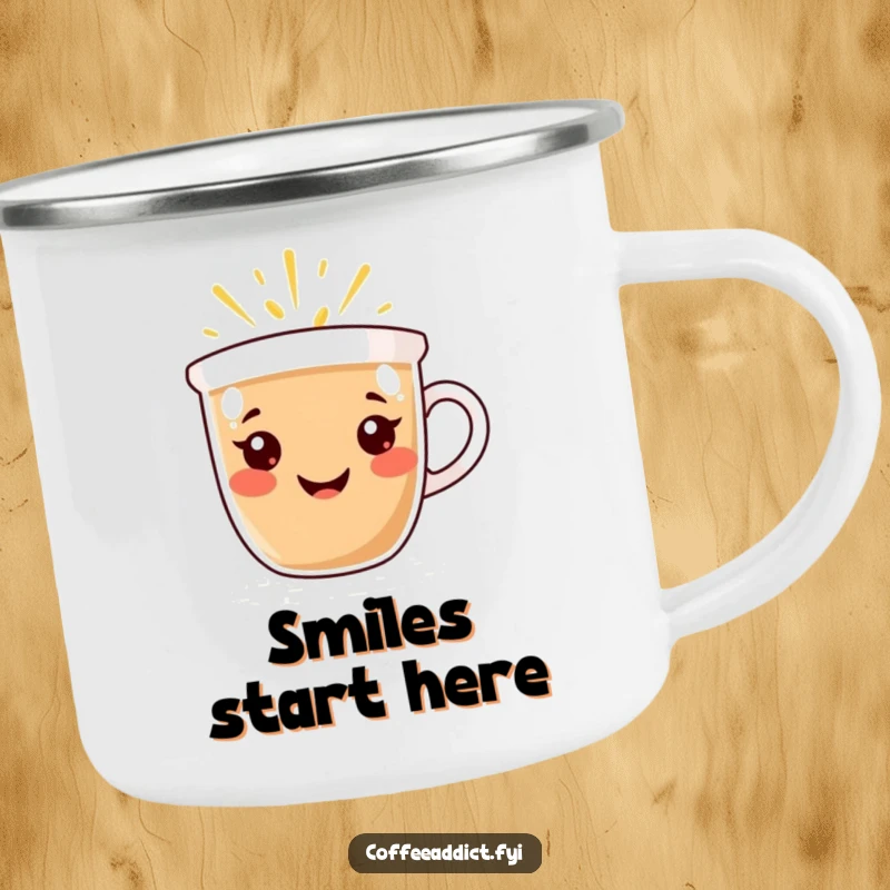 Funny Camping Mug: Coffee cup character with a radiant smile, emanating warmth and happiness, ideal for outdoor enjoyment.