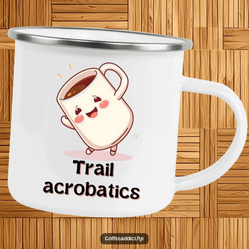 Funny enamel camping mug featuring a coffee mug in a cheerful somersault, designed for outdoor activities and humorous enjoyment.