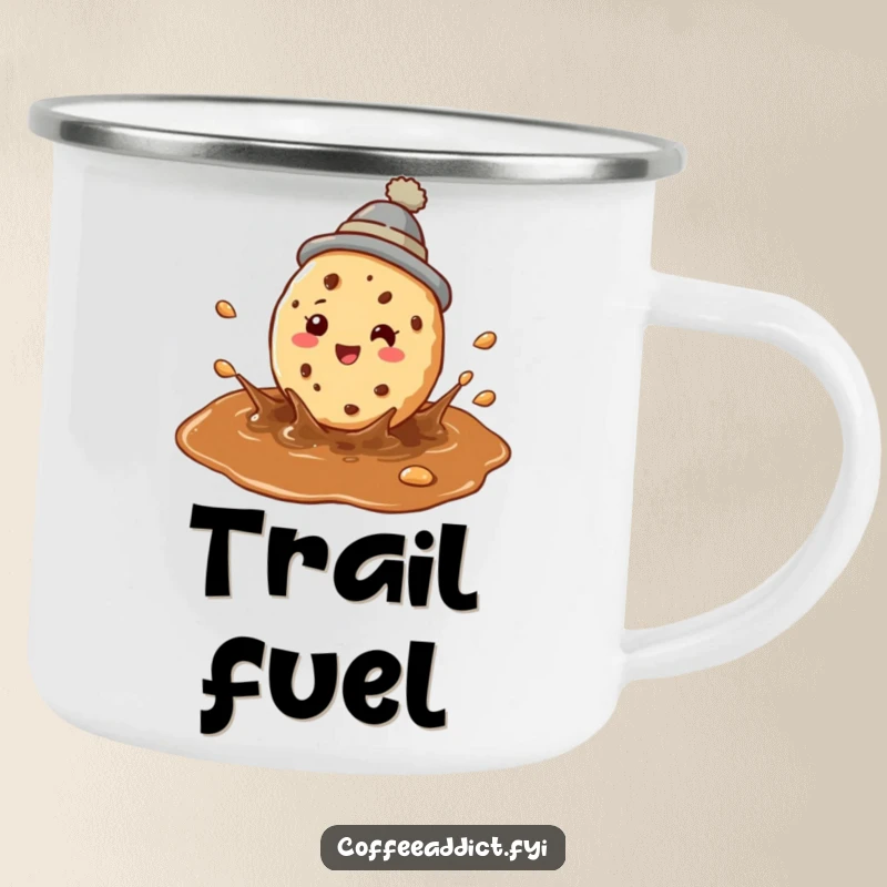 Funny cookie coffee camping mug with a perky cookie in a hat splashing happily in coffee.