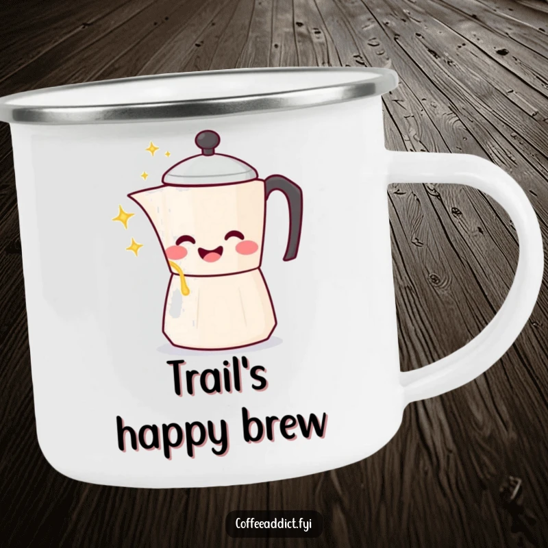 Funny Kawaii Coffee Pot Camping Mug featuring a character gleefully pouring sparkling liquid, for joyous outdoor moments.