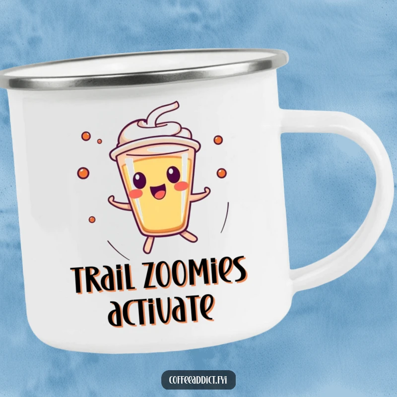 Funny Kawaii Espresso Shot Camping Mug depicting a character zipping around with excitement, perfect for outdoor coffee enthusiasts.