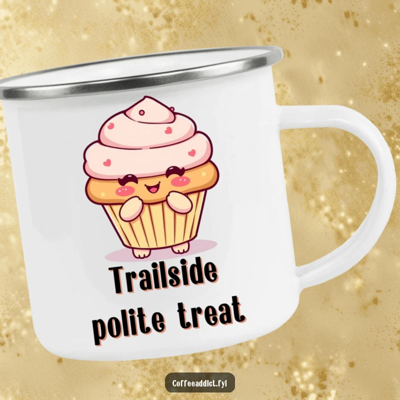 Funny Kawaii muffin camping mug featuring a character doing a pleased little bow, designed for sweet outdoor experiences.