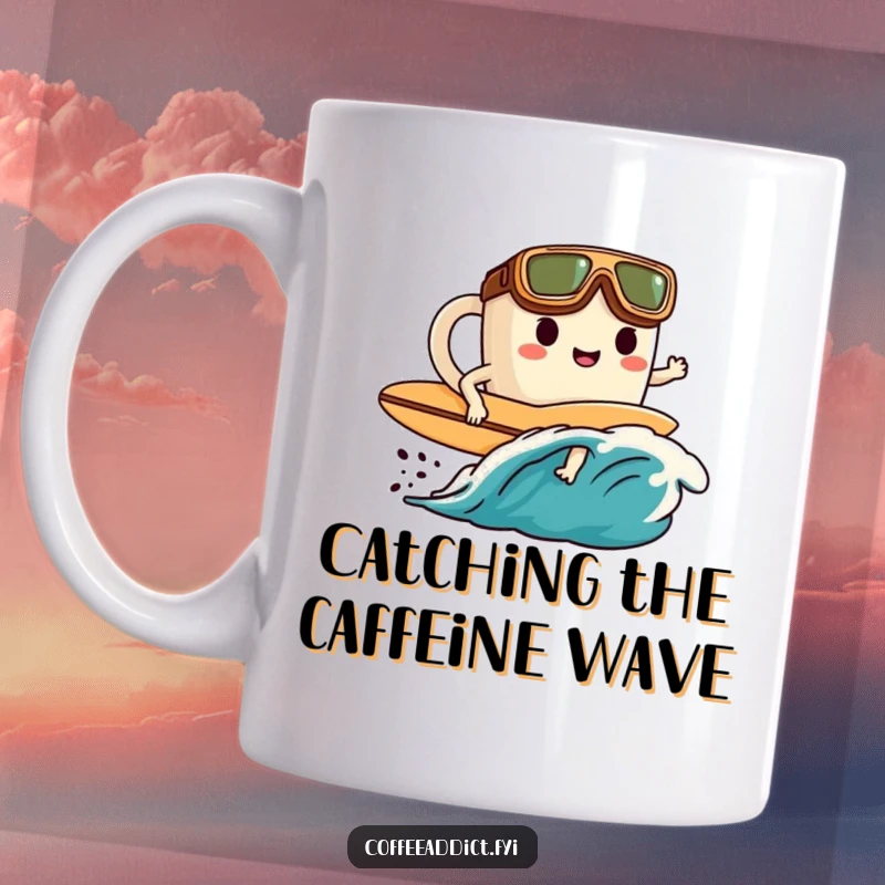 Funny coffee mug featuring a goggled character with a surfboard, ready to dive into a powerful wave of steaming coffee.