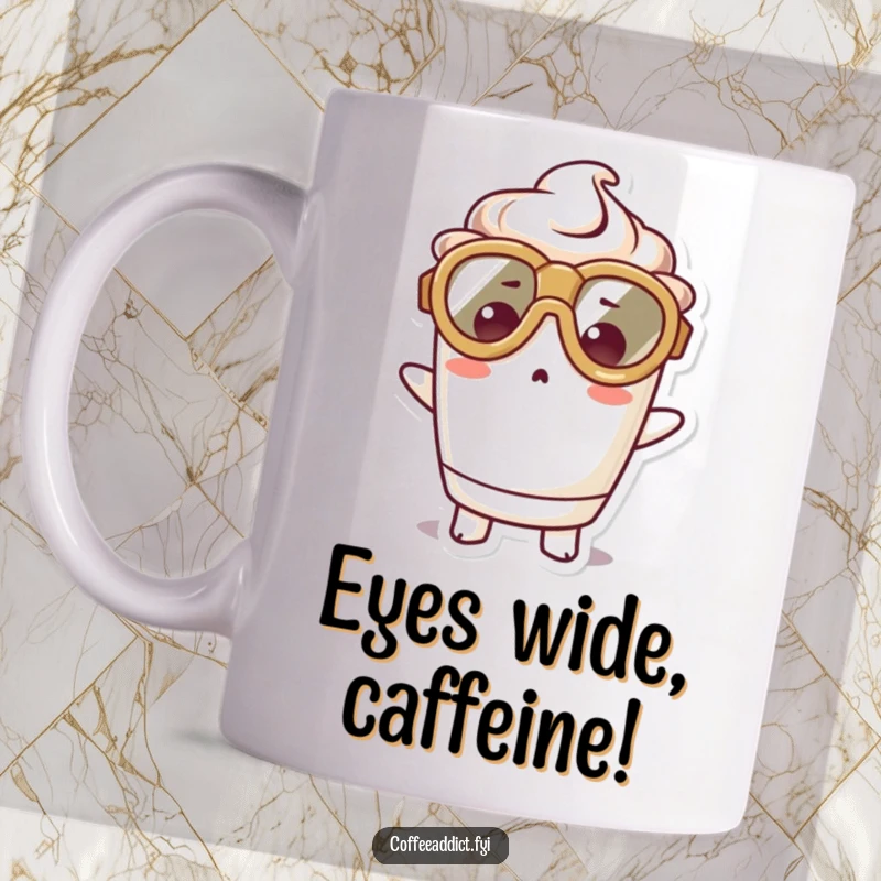 Funny mug featuring a kawaii coffee cup character in oversized goggles looking utterly surprised, a scene of delightful shock.