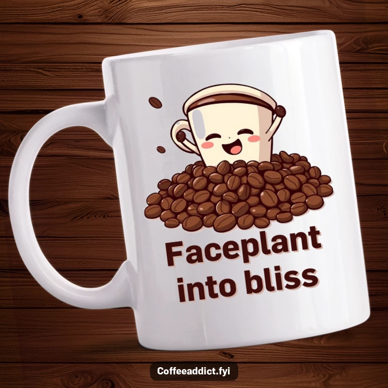 Funny Mug: Coffee cup character dramatically faceplanting into a pile of coffee beans, representing comical exhaustion and coffee love.