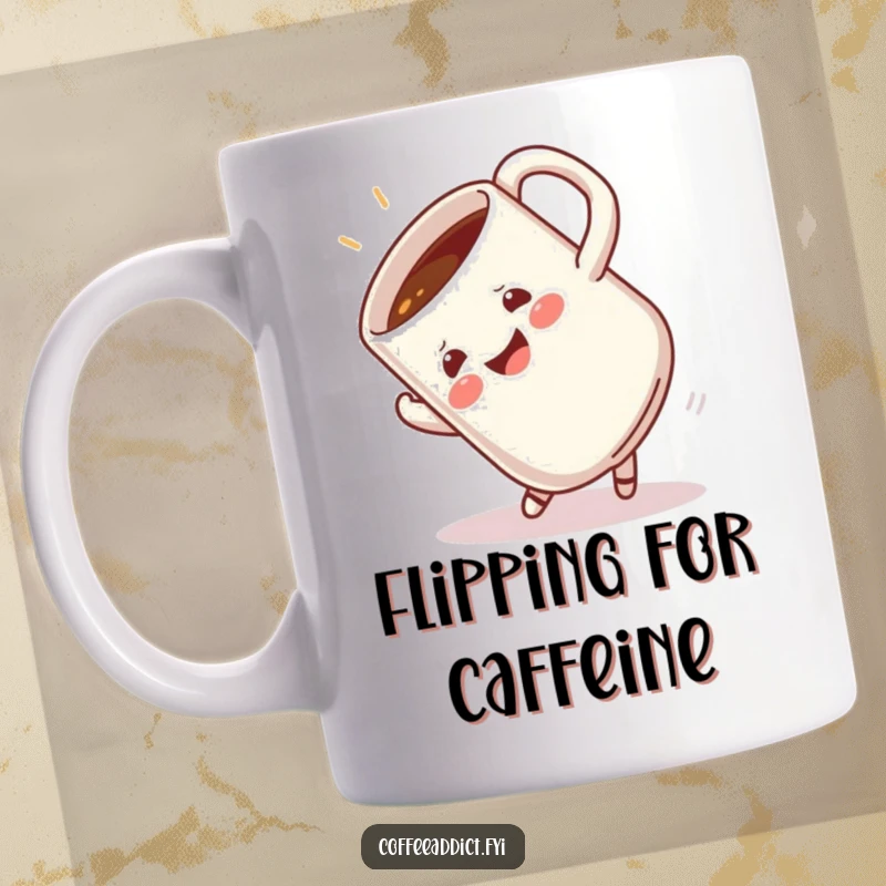 Funny coffee mug shown in a dynamic, happy somersault pose, conveying playful energy and morning enthusiasm.