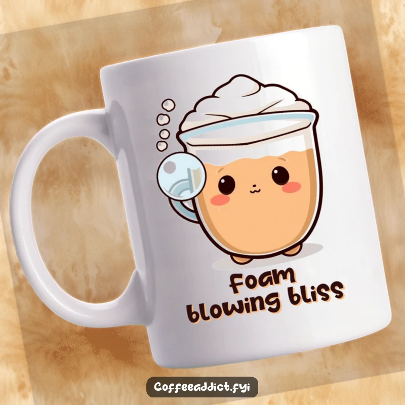 Funny Kawaii cappuccino mug featuring a character blowing a playful bubble of foam, perfect for a delightful coffee experience.