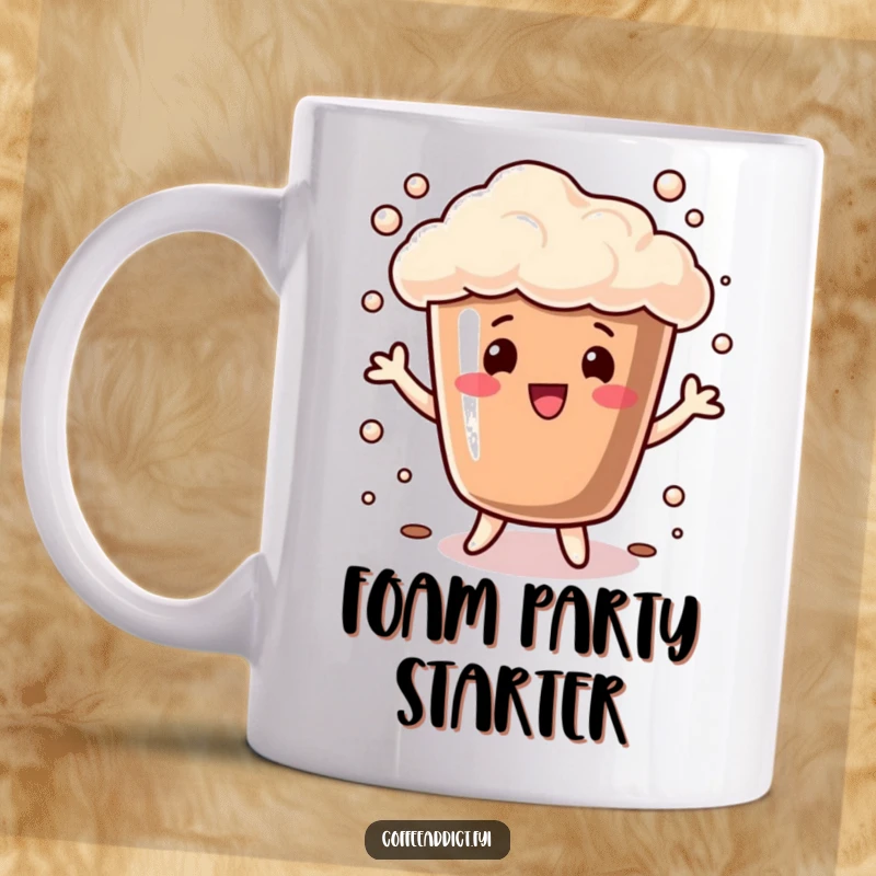 Funny Mug featuring a coffee cup overflowing with bubbly foam, doing a playful dance, embodying cheerful energy.
