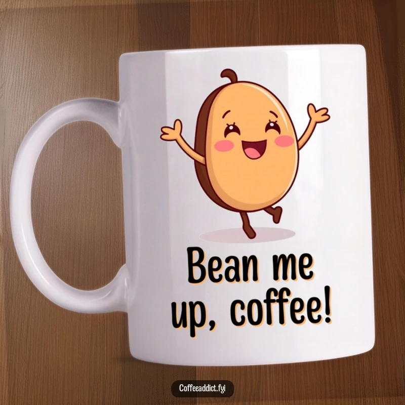 Funny Mug featuring a smiling coffee bean doing a joyful cartwheel with tiny arms and legs, embodying energetic fun.