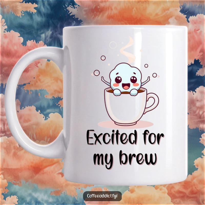 Funny Coffee Molecule Mug showing character popping excitedly out of a steaming cup, full of caffeinated joy.