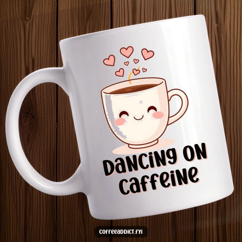 Funny smiling coffee cup with heart-shaped steam doing a happy dance, printed on a cheerful mug.
