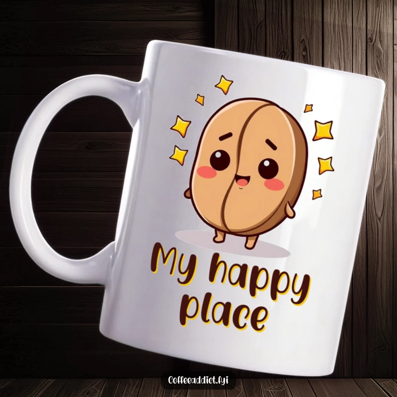 Funny coffee mug featuring a dazed coffee bean with stars circling its head, radiating happiness and cosmic wonder.