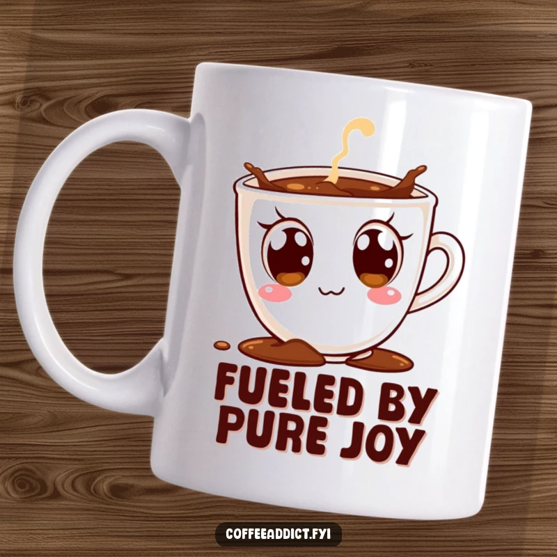 Funny coffee mug featuring a character cup with huge, excited eyes, gleefully spilling some coffee, radiating pure joy.
