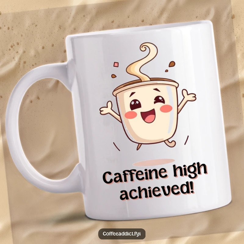 Funny excited coffee cup mug, steam rising, jumping for joy. A humorous and energetic design for coffee lovers, a great gift.