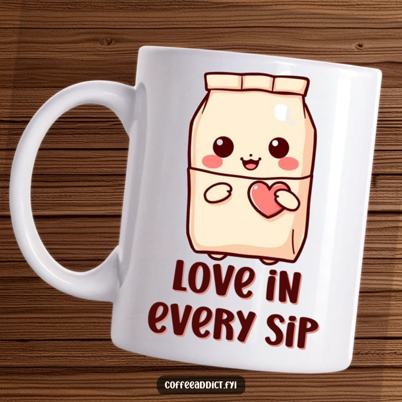 Funny Kawaii Coffee Bag Mug with a character peeking out, holding a small winking heart, showing love and coffee.