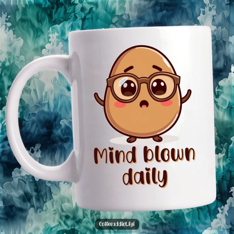 Funny Kawaii Coffee Bean Mug with a cute character wearing tiny spectacles and looking genuinely surprised, perfect for coffee lovers.