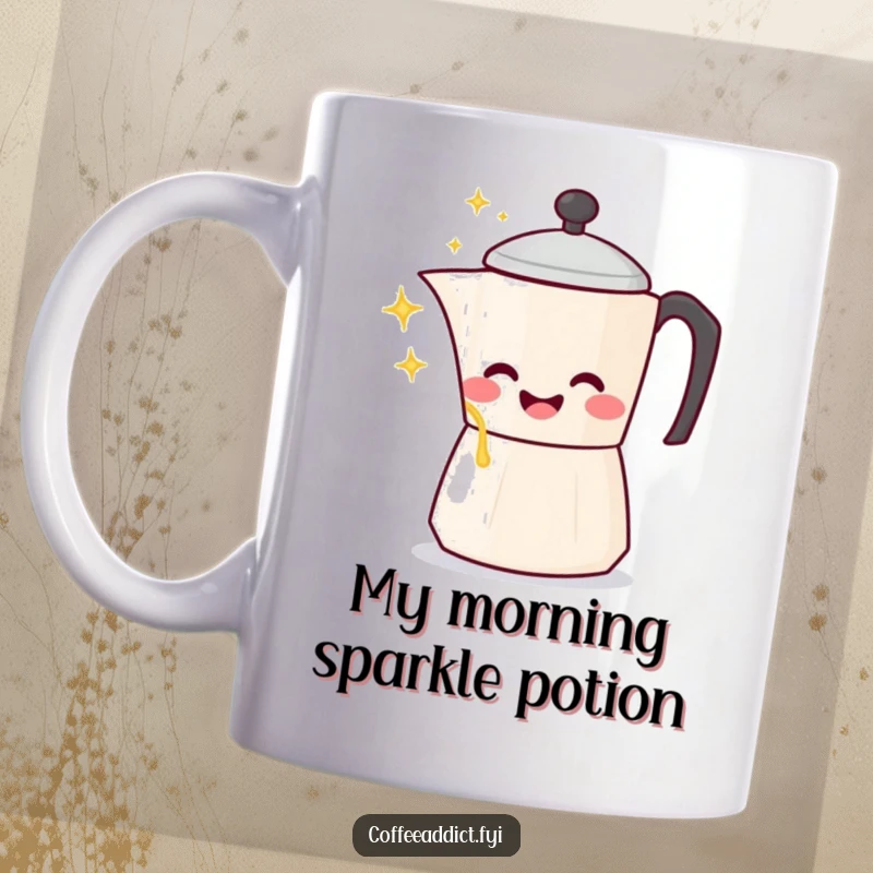 Funny Kawaii Coffee Pot Mug depiction of character gleefully pouring sparkling liquid, bringing joy and laughter.