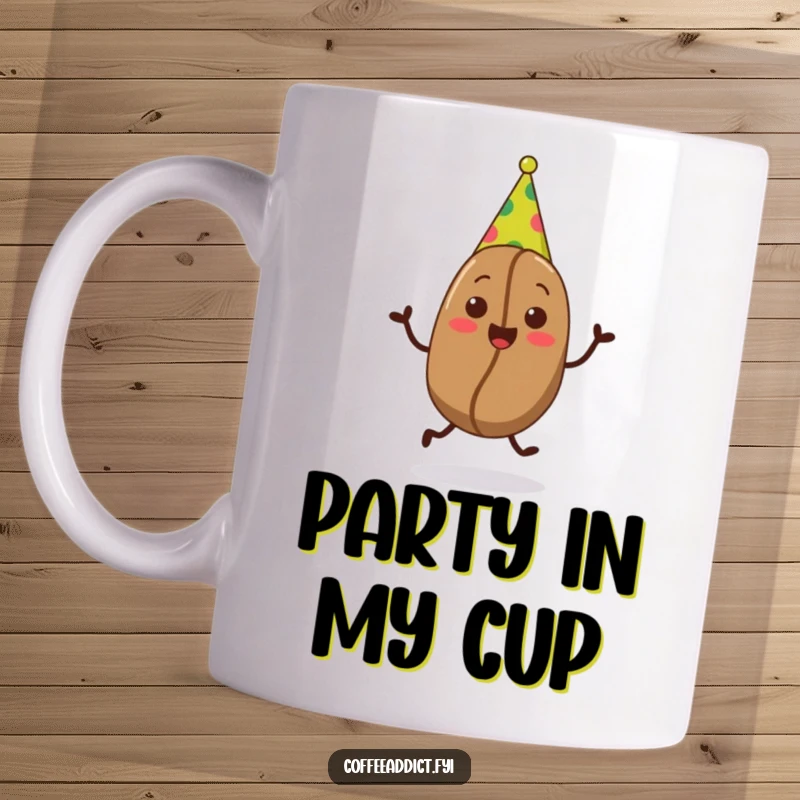 Funny coffee mug featuring a cheerful coffee bean wearing a party hat and doing a happy jig, embodying pure celebration.