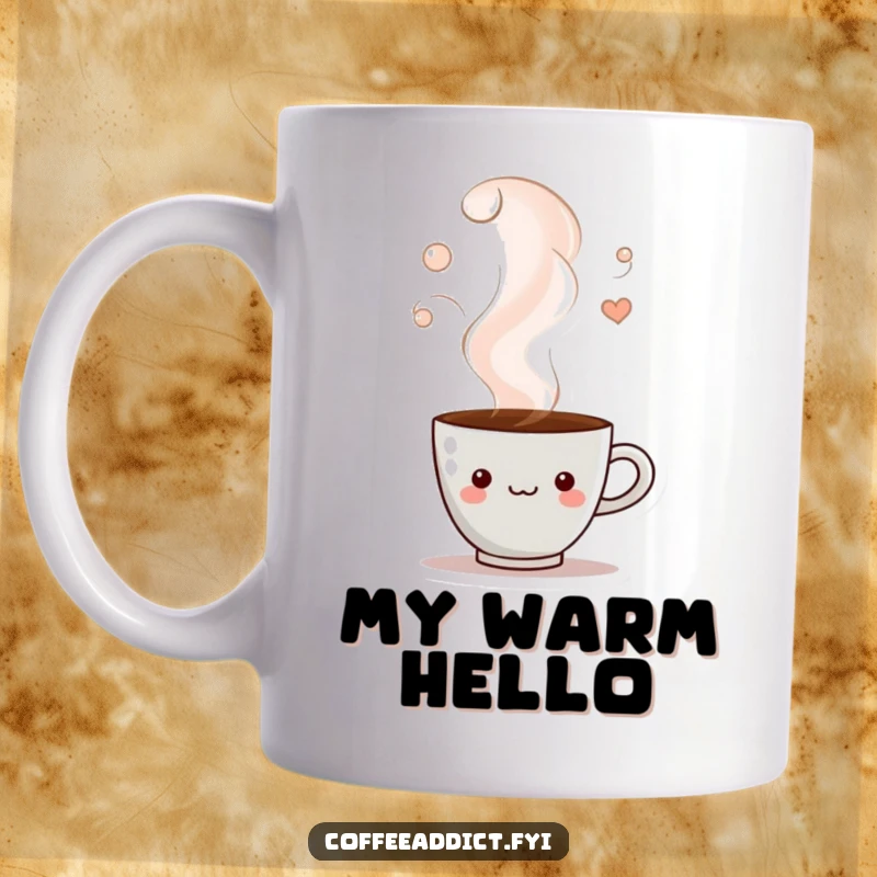 Funny mug featuring a coffee cup character peeking from a mesmerizing swirl of steam, creating an atmosphere of cozy mystery.