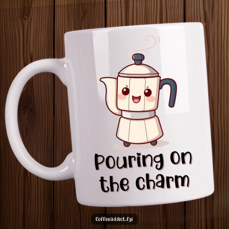 Funny coffee mug featuring a steaming coffee pot character playfully tipping over, ready to pour with a cheerful demeanor.