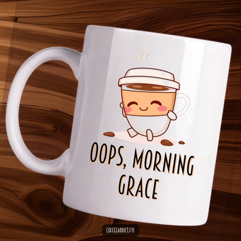 Funny coffee cup character tripping slightly but smiling warmly, dusting itself off with a cheerful attitude on a mug.