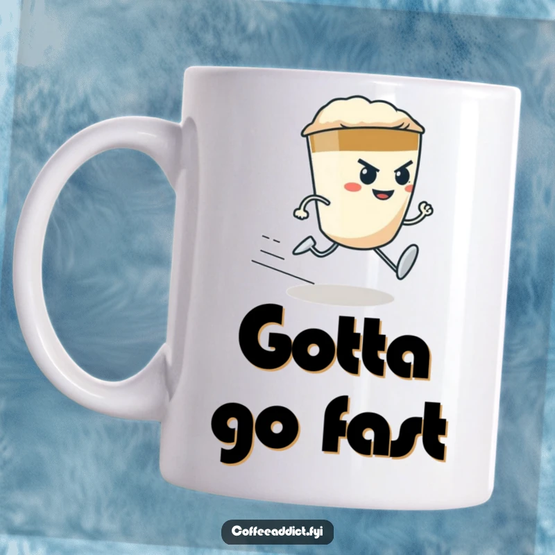 Funny determined espresso shot character with tiny legs running at top speed, featured on a coffee mug.