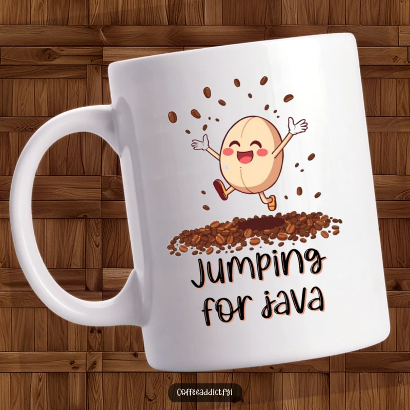 Funny Coffee Bean Joy Mug: A cheerful coffee bean character leaping with excitement, scattering coffee grounds like confetti.