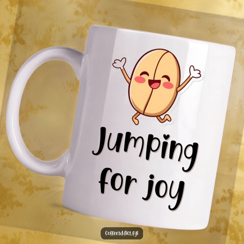 Funny Kawaii Coffee Bean Mug: Adorable coffee bean character in a jubilant leap, full of energy and morning cheer.