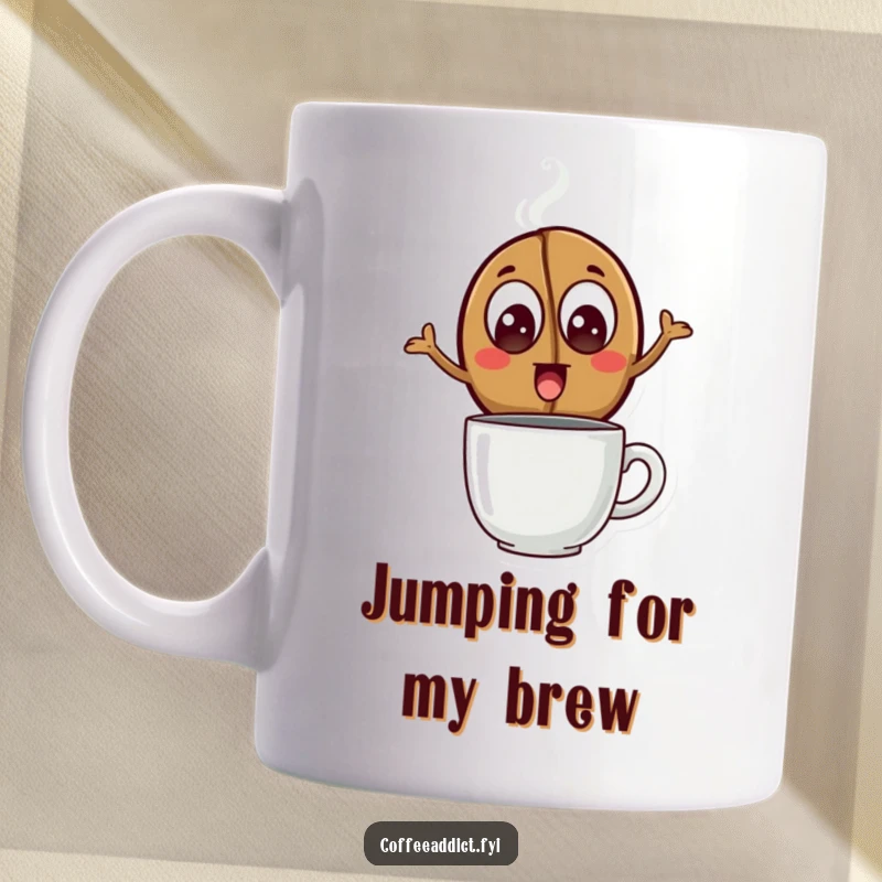 Funny Mug featuring a coffee bean with wide, excited eyes leaping over a steaming mug, embodying energetic coffee enthusiasm.