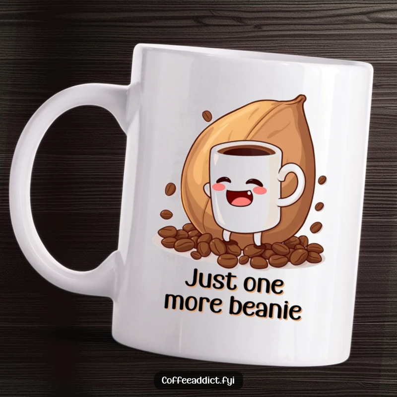 Funny coffee mug art showing a cartoon mug character struggling comically with an oversized coffee bean, perfect for a laugh.