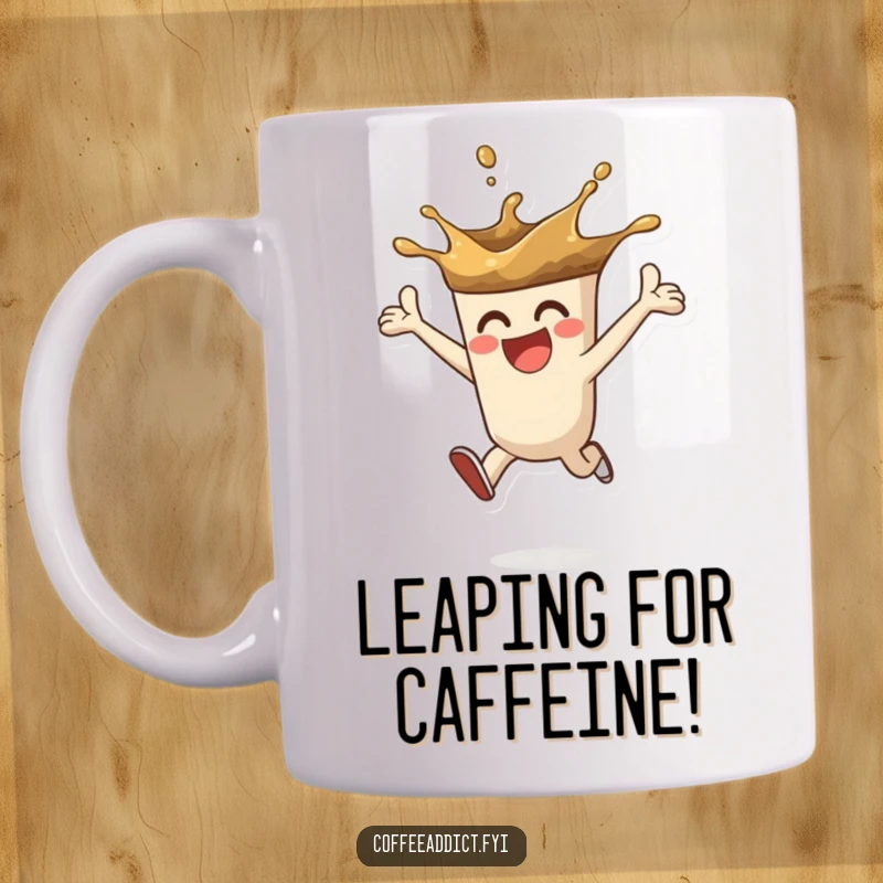 Funny mug featuring a coffee splash character leaping with enthusiasm, radiating energy for a cheerful caffeine boost.