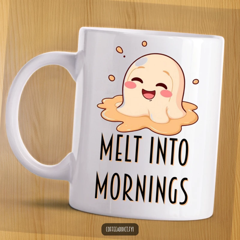 Funny coffee mug art of a melting coffee puddle character with a wide, goofy grin, showing pure relaxation.